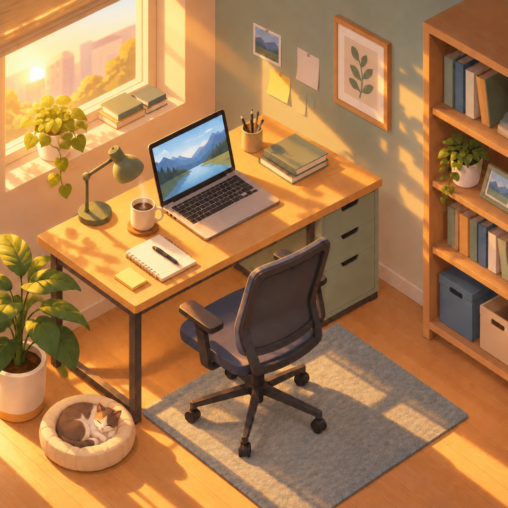 Isometric workspace, after “Add a steaming ceramic coffee cup on the desk corner”