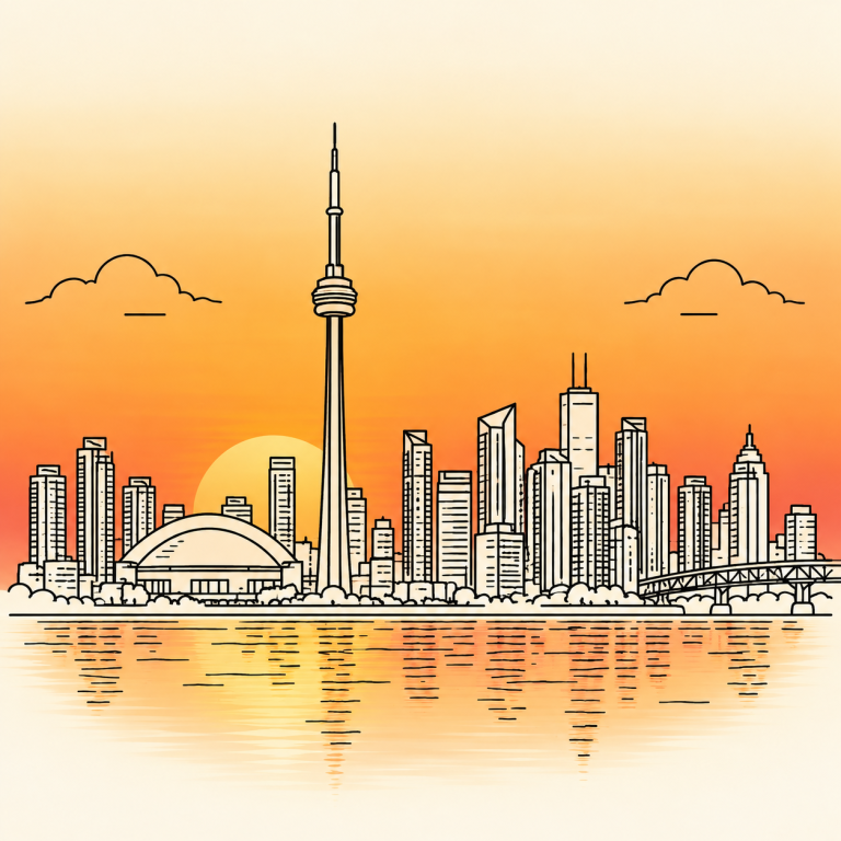 Single-weight line art, after “Add a warm orange sunset gradient behind the skyline”
