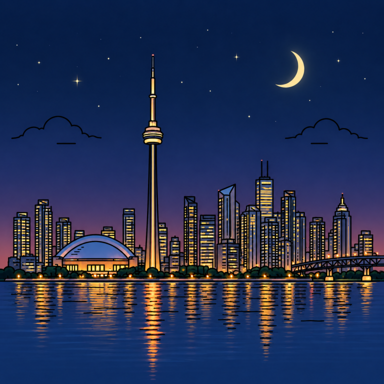 Single-weight line art, after “Change the scene to night with a crescent moon and a few stars”