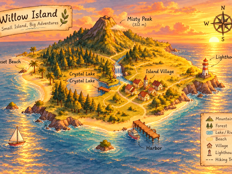 Illustrated island map, after “Bathe everything in golden sunset light”