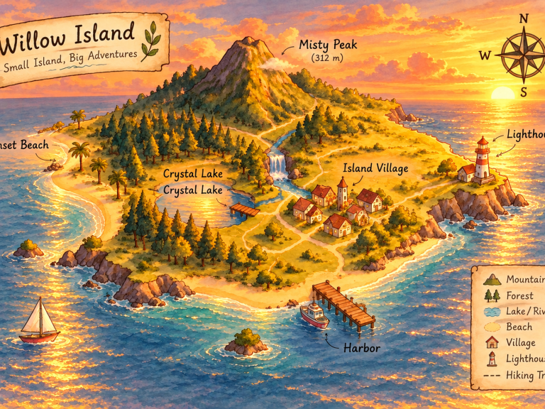 Illustrated island map, after “Add a small lighthouse on the cliff edge”