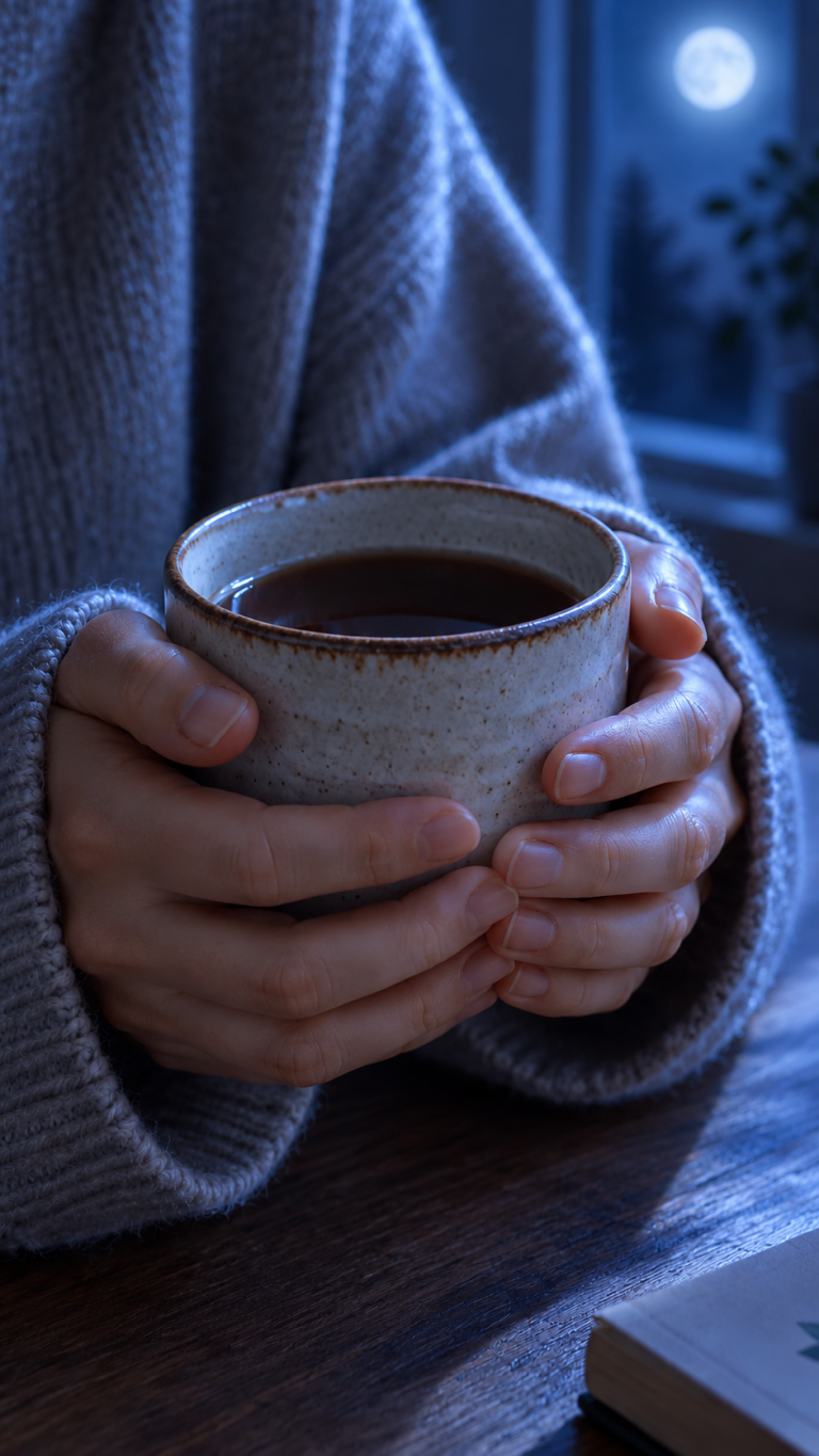 Hands holding a cup, after “Switch to moonlight setting”