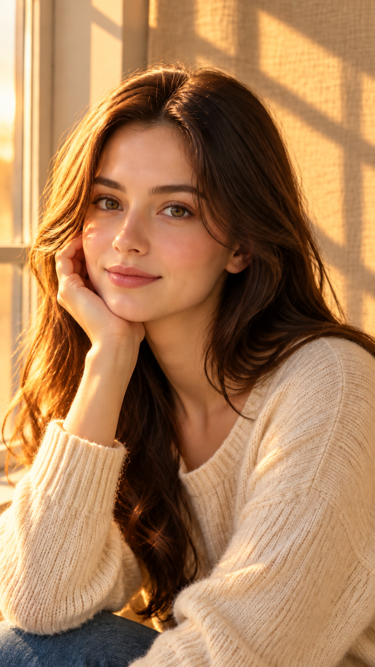 Window light portrait, after “Warm golden hour sunlight, longer shadows”