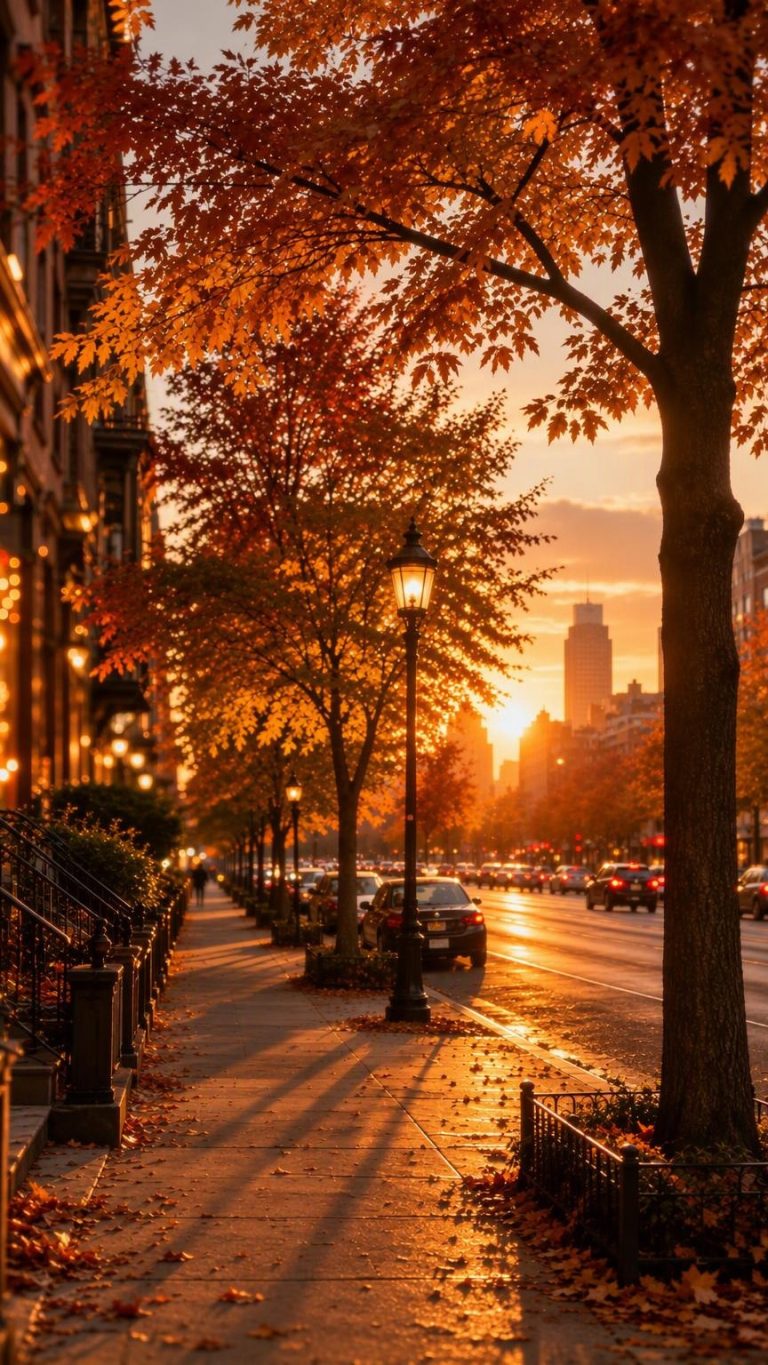 Autumn city street, after “Add soft bokeh lights from nearby shop windows”