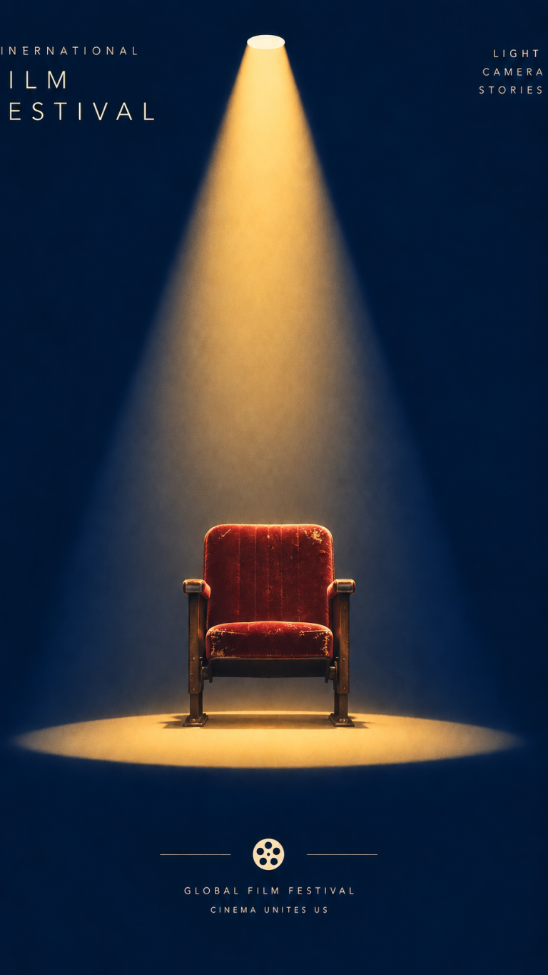 Film festival poster, after “Place a single worn velvet seat at stage center”