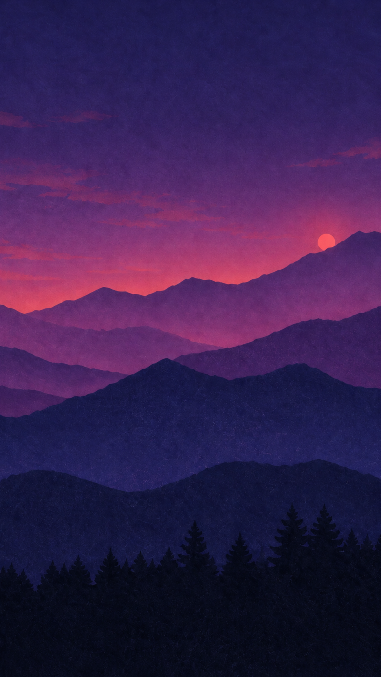 Layered mountain poster, after “Add a small minimalist sun disc just above the highest ridge”