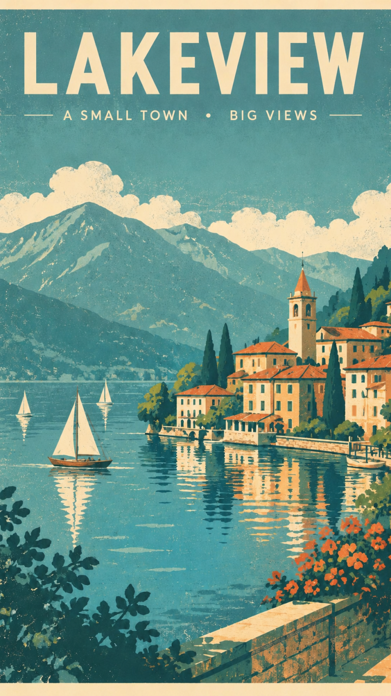 Vintage travel poster, after “Add a wooden sailboat on the lake”