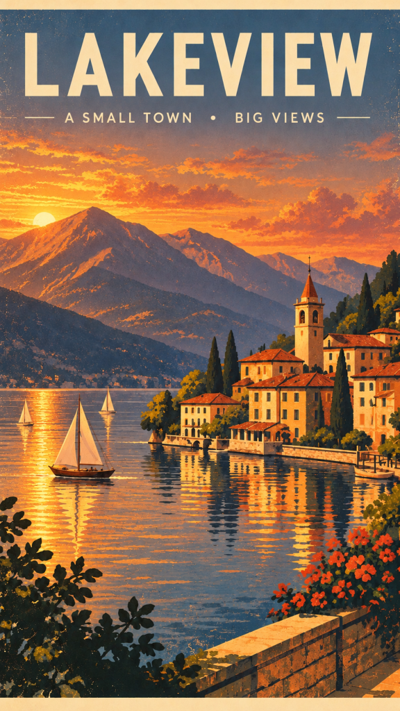 Vintage travel poster, after “Change to golden hour sunset lighting”