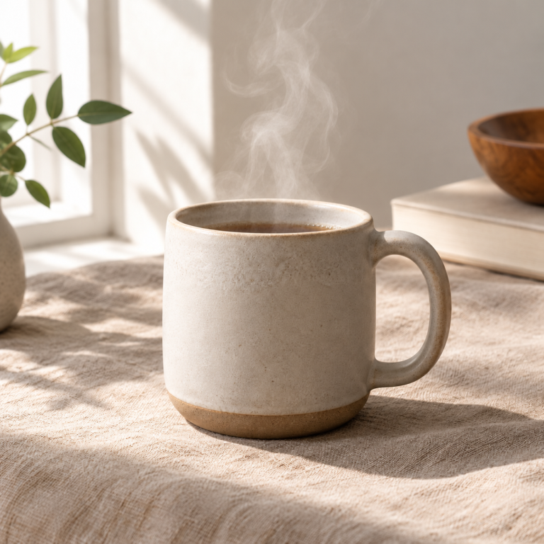 Ceramic mug on linen, after “Add steam rising from the mug”