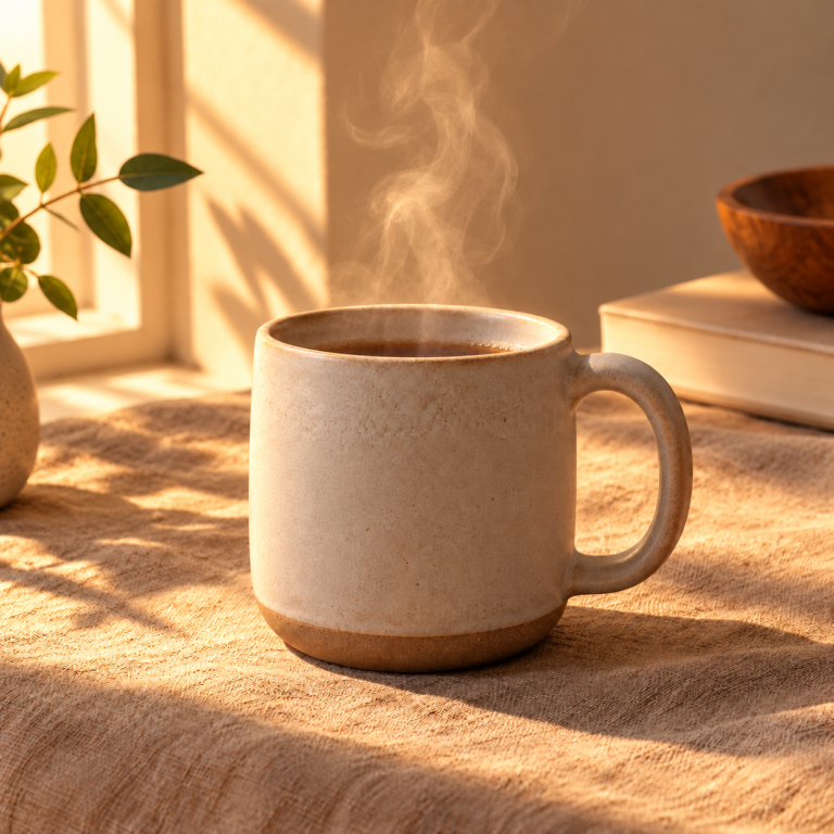 Ceramic mug on linen, after “Switch to warm golden hour lighting”