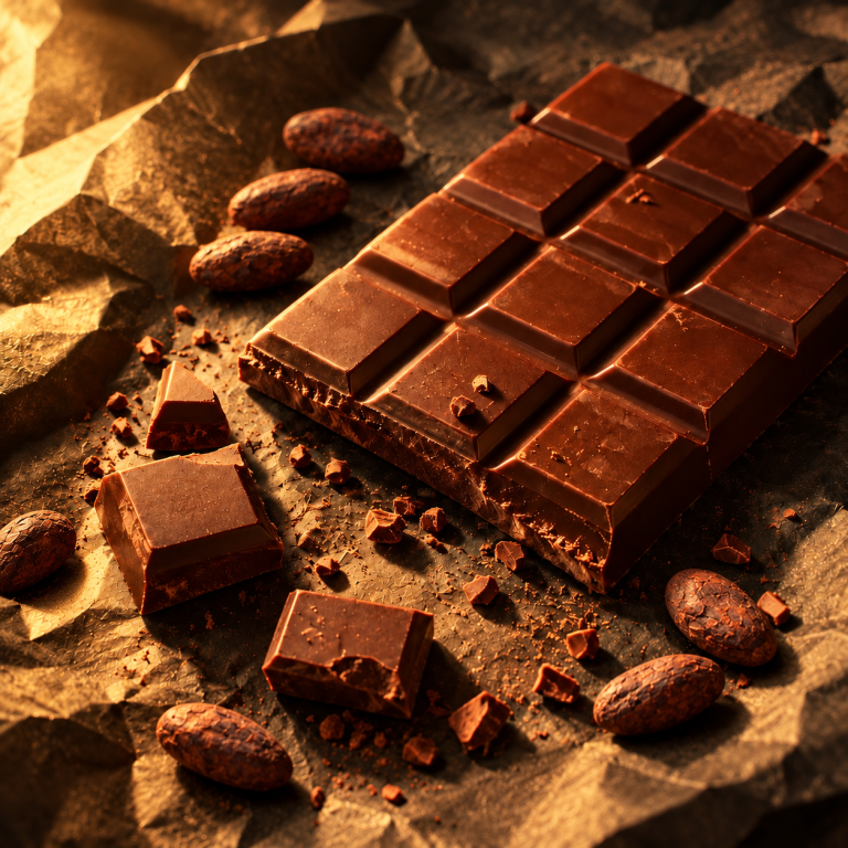 Chocolate on dark paper, after “Scatter a few whole cocoa beans nearby”