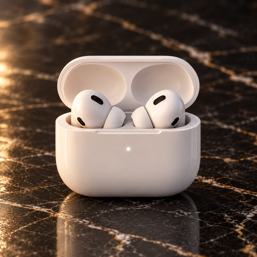 Earbuds on seamless, after “Switch backdrop to dark marble surface”