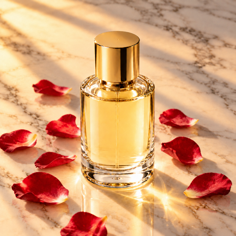 Cosmetics on marble, after “Add scattered rose petals around the bottle base”