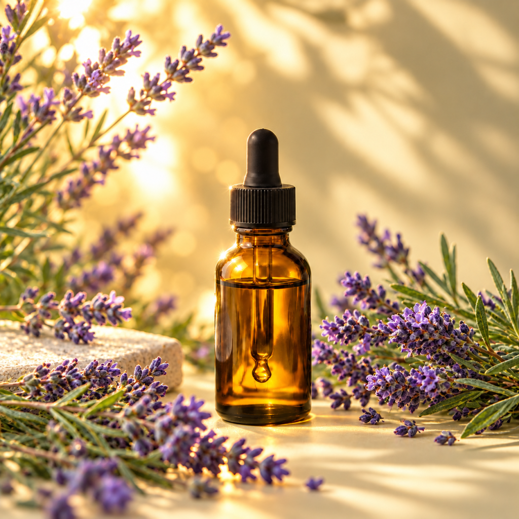 Amber bottle still life, after “Swap eucalyptus for fresh lavender sprigs”