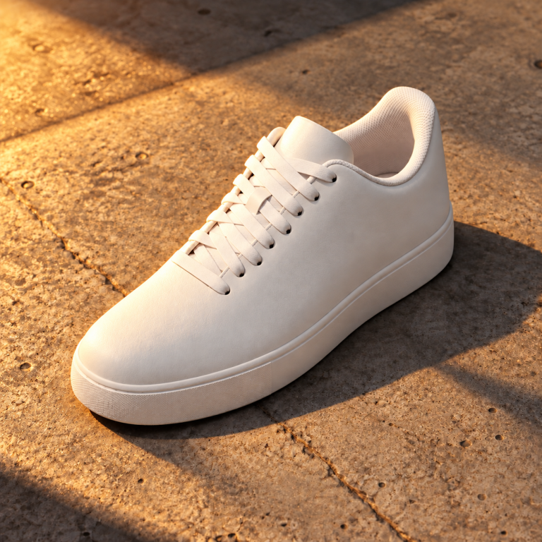 Sneaker on concrete, after “Add warm golden hour light to the scene”