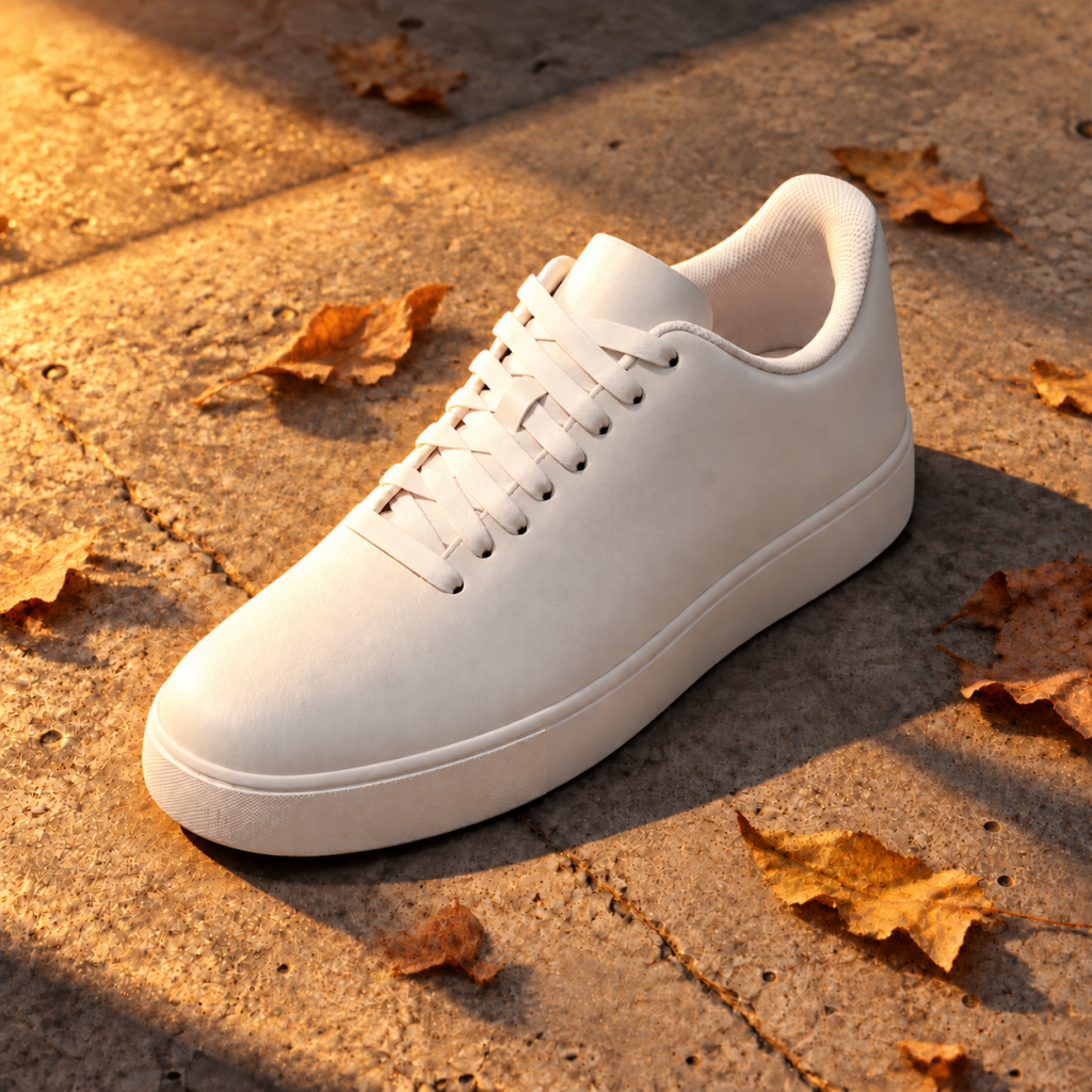 Sneaker on concrete, after “Scatter a few dry leaves around the sneaker”