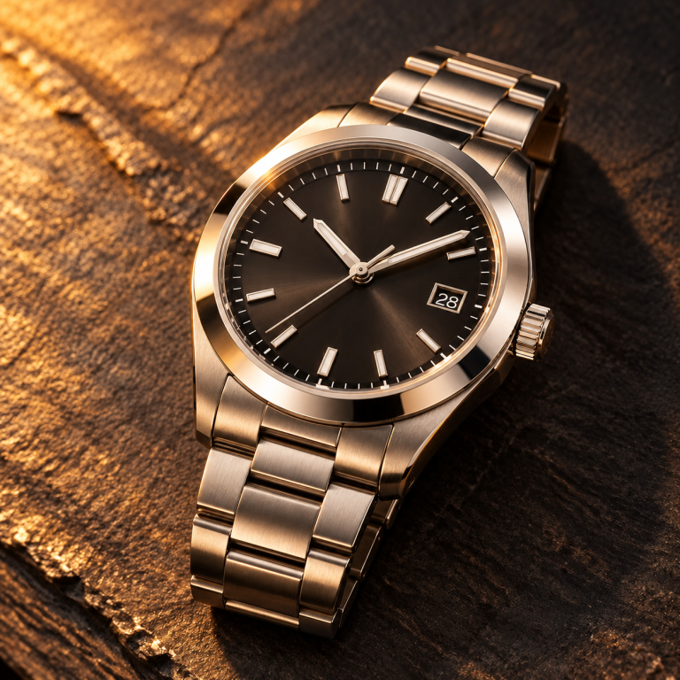 Steel watch on slate, after “Soften the lighting to a warm golden hour glow”