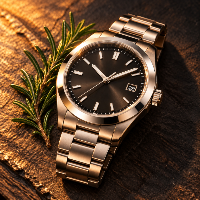 Steel watch on slate, after “Place it beside a small sprig of rosemary”