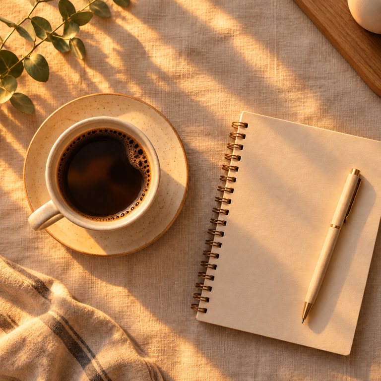 Coffee flat lay, after “Change lighting to golden hour”