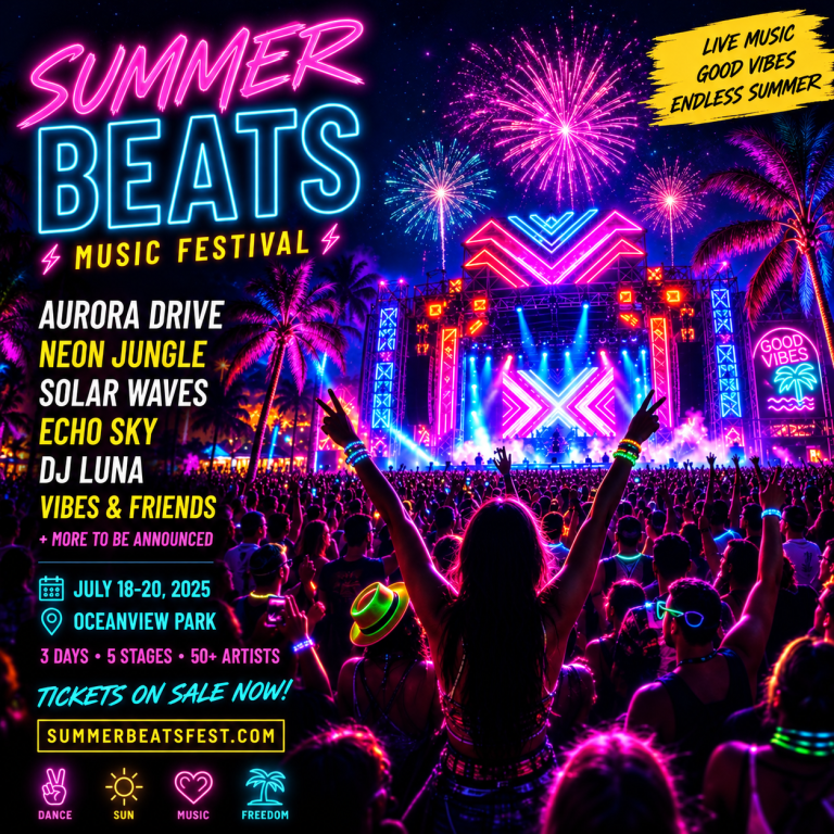 Summer festival poster, after “Transform the scene into a nighttime setting with glowing neon lights”