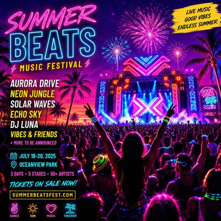 Summer festival poster, after “Add a gradient purple-to-pink sky behind the festival crowd”