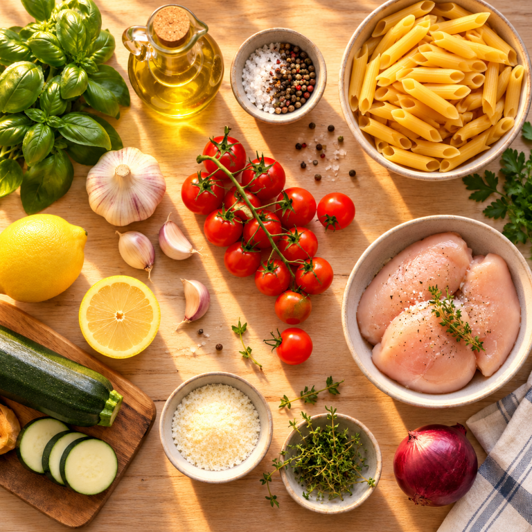 Recipe flat lay, after “Warm golden hour lighting, soft shadows”